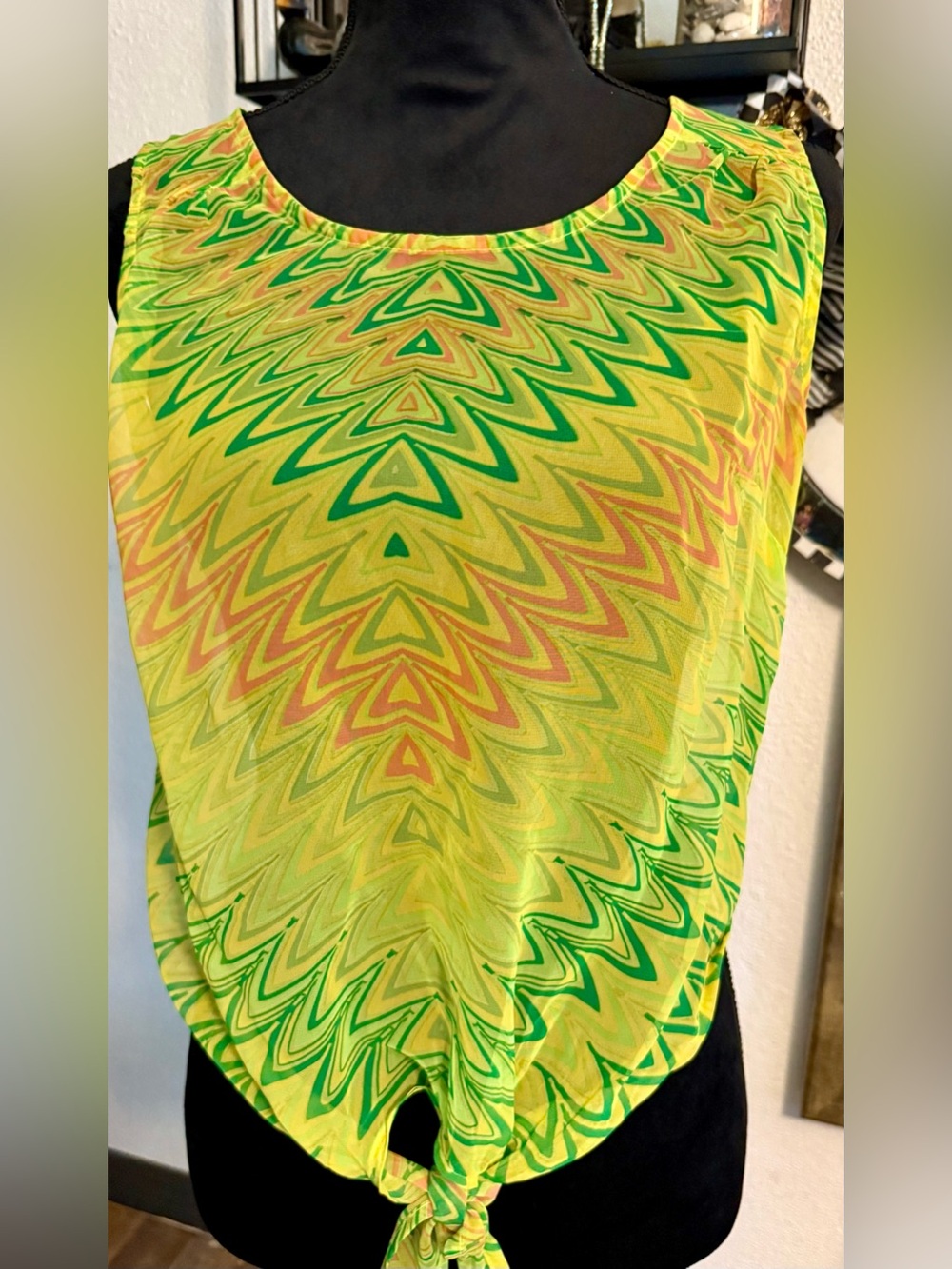 AtLast Sheer Chevron Tie-Front Blouse Lime Green Orange Crop Top•Size L•